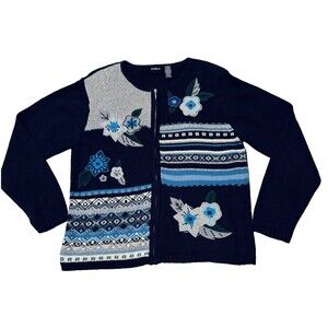 Vintage Erika Full Zip Cardigan Sweater Appliqué Detail Floral Geometric Large